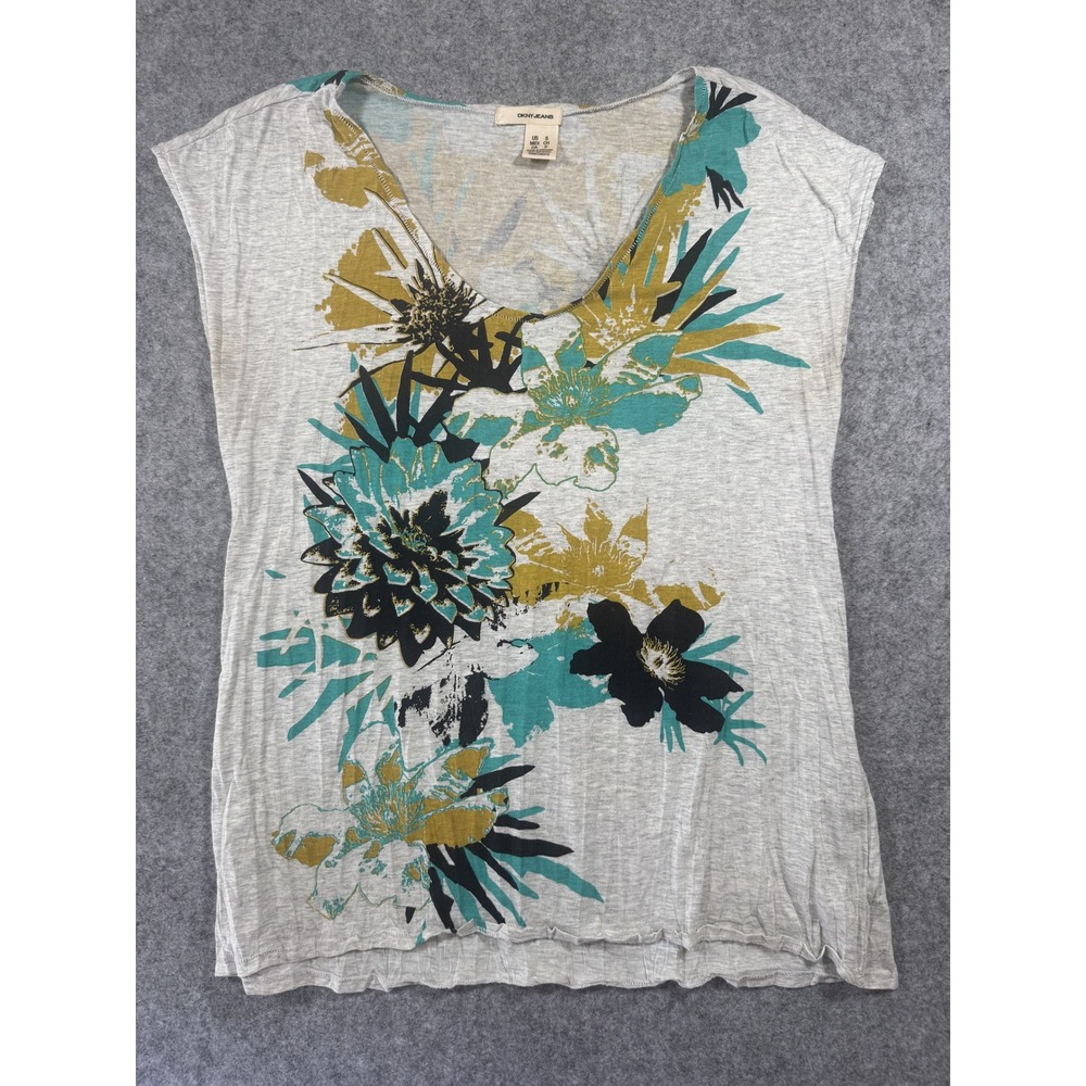 DKNY Jeans Floral Print Top Small Gray Multi Artistic Botanical Jersey